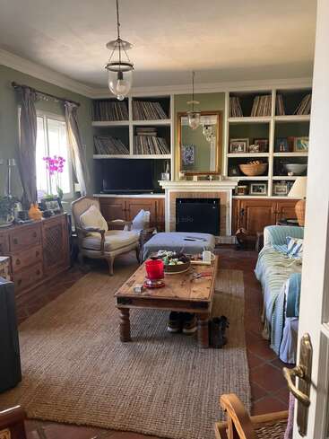 Dieses gemütliche Wohnzimmer hat einen Kamin, Bücherregale voller Schallplatten, einen Fernseher, bequeme Sitzgelegenheiten, Pflanzen, Holzmöbel und persönliche Details wie Fotos und Deko.