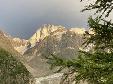 Des montagnes imposantes aux sommets enneigés s'élèvent majestueusement sous un ciel menaçant. Un glacier serpente à travers la vallée, encadré par des pentes verdoyantes et des branches de pin au premier plan.