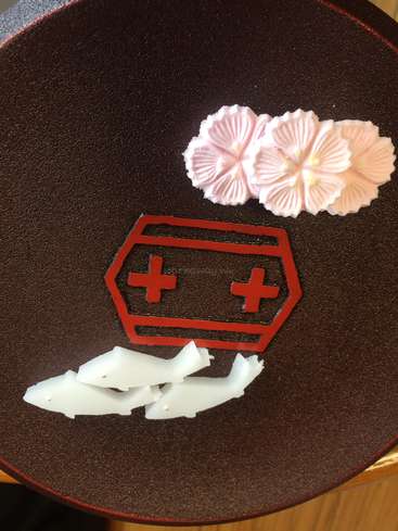L'image montre un objet circulaire noir avec un logo rouge et deux objets blancs ressemblant à des fleurs et à des morceaux de plastique cassés.