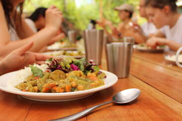 Um grupo de pessoas compartilha uma refeição ao ar livre, saboreando curry de vegetais coloridos, arroz e salada. Copos e colheres de metal são colocados em uma mesa de madeira.