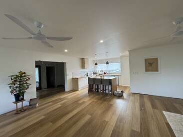 This image shows a spacious, modern open-plan kitchen and living area with wooden floors, white walls, ceiling fans, pendant lights, a plant, and minimalist decor.