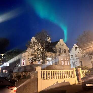 Ein wunderschönes Haus mit großen Fenstern steht unter einem dunklen Himmel, der von leuchtend grünen Nordlichtern erhellt wird, umgeben von Bäumen, Autos und Nachbarhäusern in der Nacht.