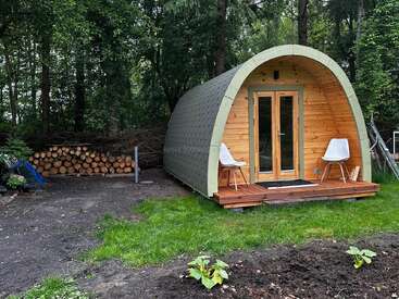Une petite cabane moderne en bois au toit voûté se dresse dans une clairière, avec deux chaises sur son porche, du bois de chauffage empilé à proximité et une végétation luxuriante tout autour.