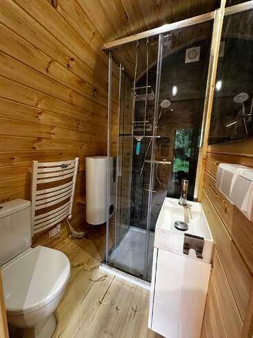 Cette salle de bains chaleureuse est dotée de murs en bois, d'une cabine de douche en verre, d'un lavabo blanc compact, de toilettes modernes, d'un radiateur sèche-serviettes et d'un chauffe-eau, le tout dans un décor de chalet.