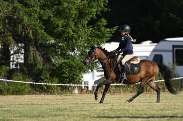 A young rider with a helmet and navy jacket rides a brown horse across a grassy field, surrounded by trees and parked white RVs in the background.