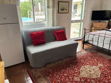 This cozy room features a gray sofa with red pillows, a white fridge, a bed, a red patterned rug, large windows, and a TV.