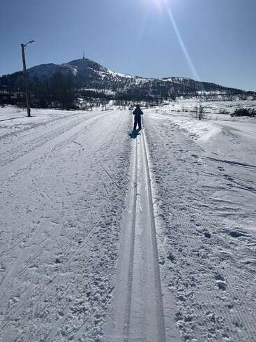 A person skis alone on a snowy trail under a bright, clear sky. Distant mountains and sunlight create a serene, peaceful winter landscape in nature.