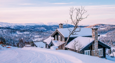 A cozy wooden cabin sits nestled in snowy mountains, surrounded by pine forests under a soft, pastel sky. A bare tree stands in the foreground.