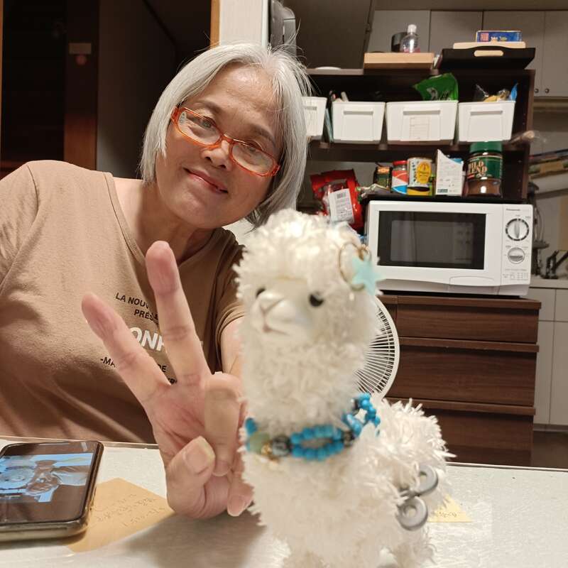A smiling woman with short gray hair and orange glasses gives a peace sign, sitting at a table with a cute plush alpaca, kitchen background.
