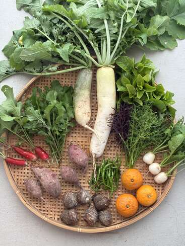A round bamboo tray filled with various fresh vegetables: leafy greens, radishes, sweet potatoes, taro, green chilies, daikon, turnips, and three vibrant oranges.