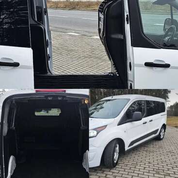 Diese Bildcollage zeigt einen weißen Lieferwagen aus verschiedenen Blickwinkeln: die geöffnete Seitentür, durch die man ins Innere sehen kann, den Laderaum hinten und eine Außenansicht von der Vorderseite, während das Fahrzeug auf dem Bürgersteig geparkt ist.