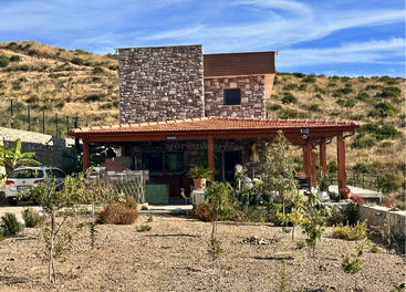 Une maison rustique en pierre avec un toit en tuiles se dresse dans un paysage sec et vallonné, avec un patio couvert, des plantes éparpillées, une voiture garée et un ciel bleu.