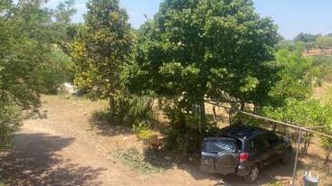 Un todoterreno negro está aparcado a la sombra de grandes árboles verdes en una zona rural, rodeado de hierba seca, plantas dispersas y un cielo despejado y soleado.