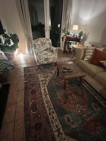 Una acogedora sala de estar con alfombra estampada, sillón, sofá beige con cojines, mesita de madera, plantas en macetas, cortinas, iluminación cálida y un mando de la tele sobre la mesa.