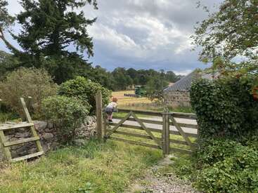 A child leans on a wooden gate, looking towards a distant combine harvester in a golden field, with trees, bushes, and stone buildings under a cloudy sky.