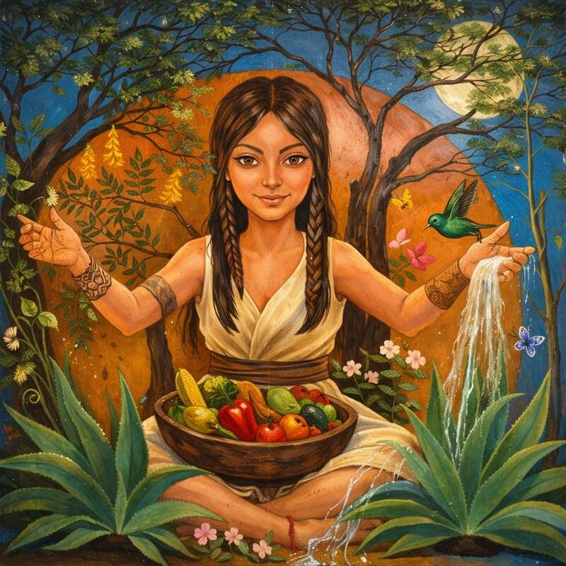 Une femme aux cheveux tressés est assise en tailleur, tenant un bol de légumes. Elle est entourée de plantes luxuriantes, d'eau qui coule, d'un colibri, d'un papillon, d'arbres et d'une pleine lune.