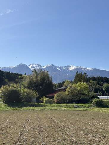 Une scène champêtre paisible où l'on voit une petite maison entourée d'arbres luxuriants, de champs verdoyants et de montagnes enneigées, sous un ciel d'un bleu éclatant.