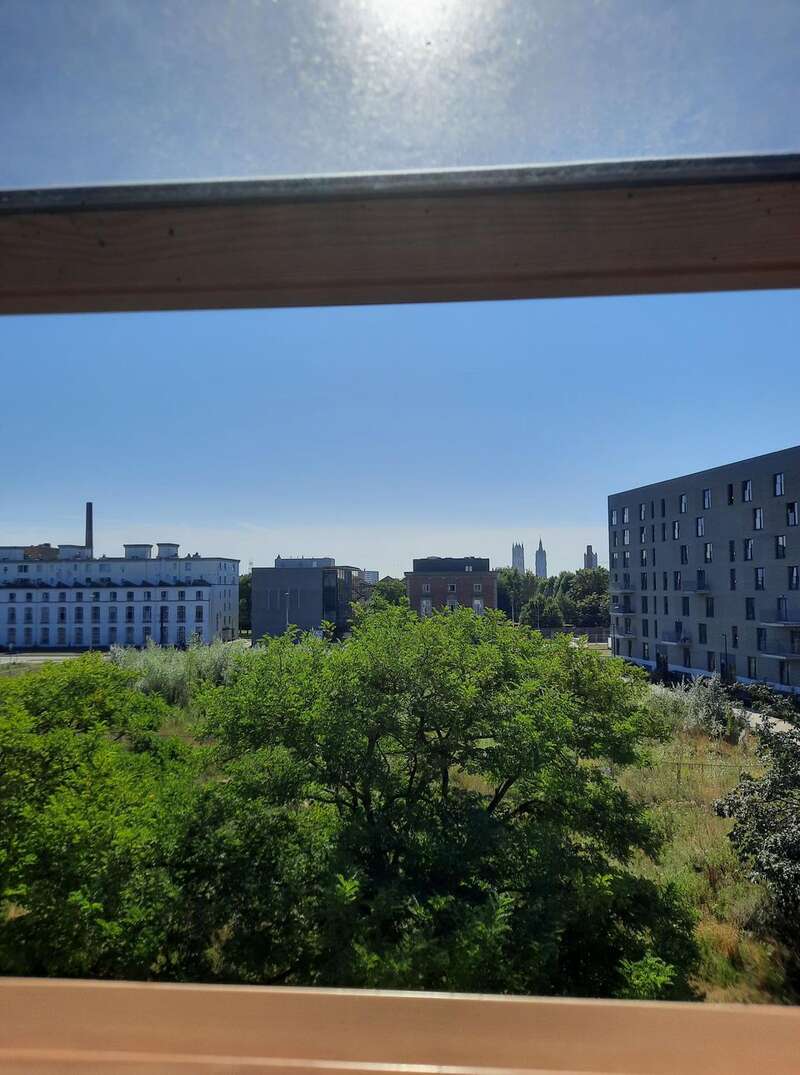 The image depicts a cityscape with a mix of buildings and greenery, viewed through a window frame, set against a clear blue sky on a sunny day.