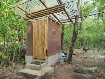Une petite toilette écologique faite de boue, de bambou et d'un toit transparent se dresse dans une forêt verdoyante, se fondant naturellement dans la nature environnante.