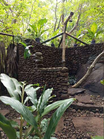 This image shows a rustic outdoor stone shower surrounded by lush greenery. Bamboo pipes form the shower, with plants growing atop the stone wall, blending with nature.