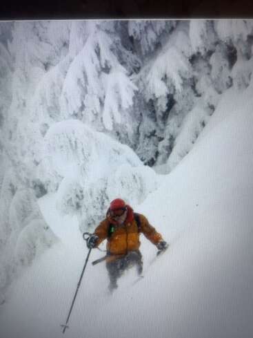 Un skieur vêtu d'une veste orange et d'un casque rouge descend une montagne dans une poudreuse profonde, entouré d'arbres à feuilles persistantes lourdement chargés de neige, dans un pays des merveilles hivernales.