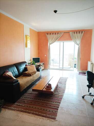 This living room features peach walls, a black sofa, low wooden coffee table, striped rug, TV, indoor plant, sheer curtains, and a sliding glass door to a balcony.