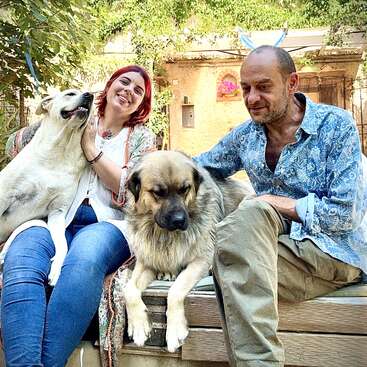 Eine lächelnde Frau und ein lächelnder Mann sitzen im Freien auf einer Bank mit zwei großen, glücklichen Hunden, umgeben von Grün, und genießen einen entspannten und fröhlichen Moment zusammen.