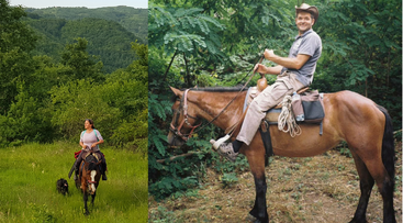 L'image présente deux scènes : une femme à cheval dans une prairie verdoyante avec un chien à ses côtés, et un homme souriant à cheval dans une zone boisée.