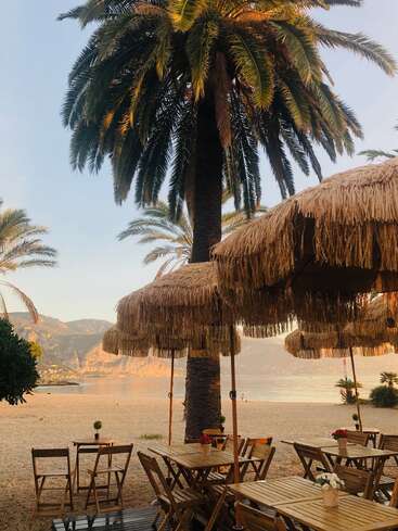 Um café tranquilo à beira-mar, com mesas e cadeiras de madeira sob guarda-sóis de palha, cercado por palmeiras altas, com vista para águas calmas e montanhas distantes banhadas pelo sol.