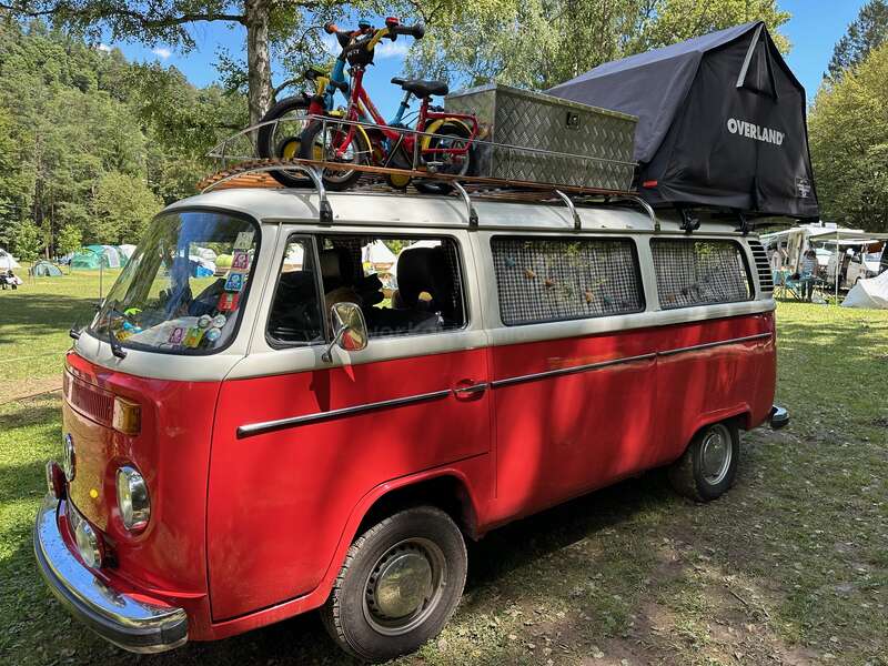 La imagen muestra una furgoneta Volkswagen roja y blanca aparcada en una zona de césped, con una bicicleta encima, rodeada de árboles y un cielo azul.
