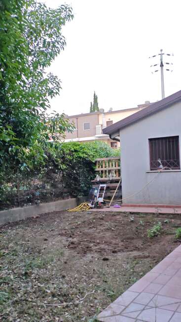 Ein Garten mit umgegrabenem Boden, begrenzt von einer Hecke und einer Betonmauer. Gartengeräte, ein Schlauch und eine kleine Leiter stehen neben einem grauen Gebäude. Wohngebiet.