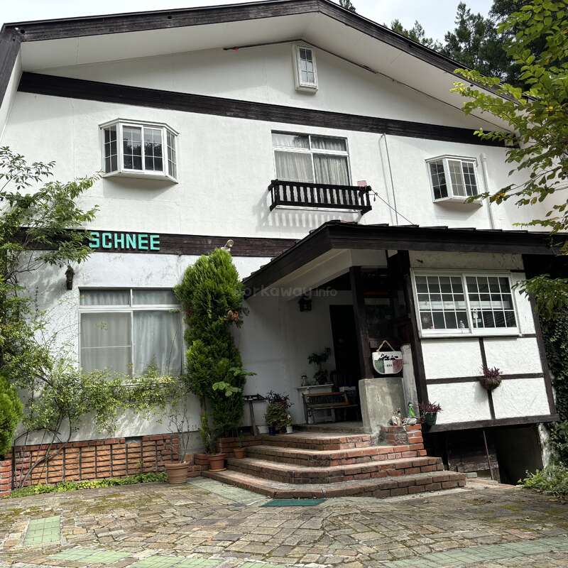 The image depicts a two-story white house with black trim, featuring a covered porch and stairs leading to the entrance, surrounded by lush greenery and trees.