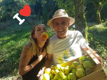 La imagen muestra a un hombre y una mujer en una zona boscosa, con la mujer comiendo una manzana y el hombre sosteniendo una caja de manzanas. El ambiente parece alegre y relajado.