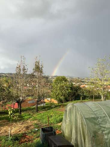 Um arco-íris fraco aparece no céu nublado acima de um jardim verdejante e repleto de árvores. Uma pequena estufa e alguns vasos de plantas são visíveis em primeiro plano. Atmosfera tranquila.