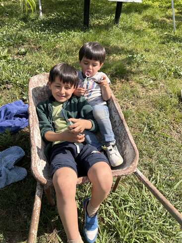 Zwei kleine Jungen sitzen zusammen in einer rostigen Schubkarre auf dem grünen Rasen. Der eine lächelt in die Kamera, während der andere einen Lutscher genießt und sich draußen entspannt.