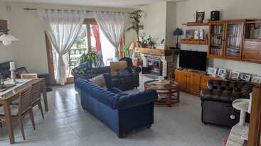 Ein gemütliches Wohnzimmer mit blauen und braunen Sofas, Holzmöbeln, einem Kamin, Bücherregalen, einem Fernseher, einem Essbereich, großen Fenstern mit durchsichtigen Vorhängen und Zimmerpflanzen.