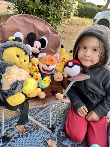 Un jeune enfant vêtu d'un sweat à capuche gris est agenouillé à côté d'une chaise remplie de diverses peluches, dont Pikachu, Mickey Mouse, une abeille et une Pokéball.