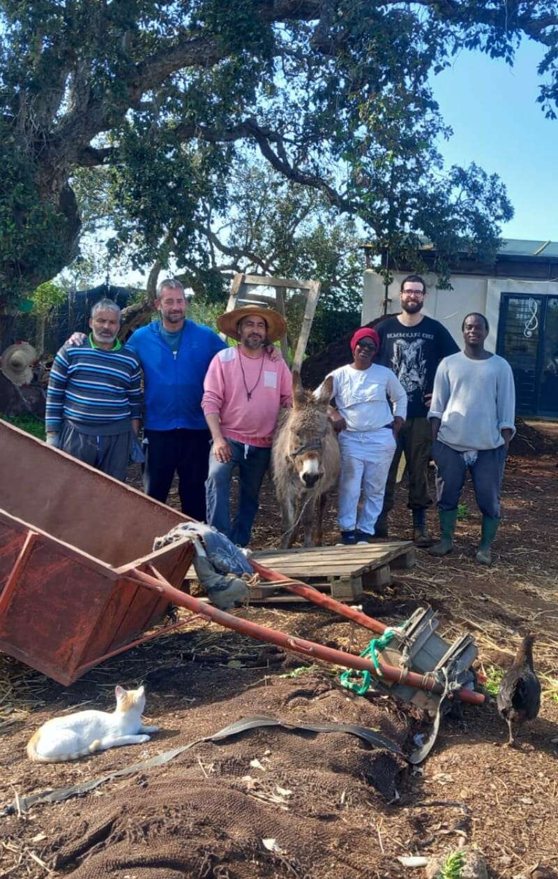 Six personnes se tiennent ensemble à l'extérieur, souriantes, près d'un âne. On aperçoit du matériel agricole, un chat et un canard à proximité. Des arbres et un petit bâtiment se dessinent à l'arrière-plan.