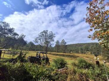 Un paysage rural pittoresque met en scène un vieux véhicule au milieu de l'herbe verte et des arbres, sous un ciel bleu parsemé de nuages, créant ainsi une atmosphère champêtre paisible.