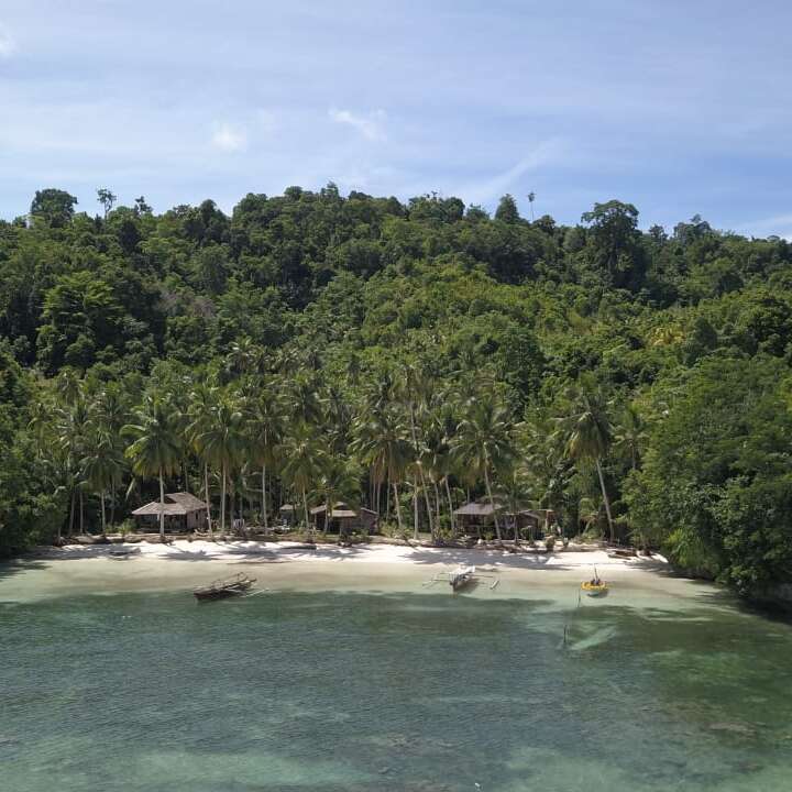 A secluded tropical beach with white sand, clear turquoise water, boats, palm trees, wooden huts, and lush green forest under a bright blue sky.