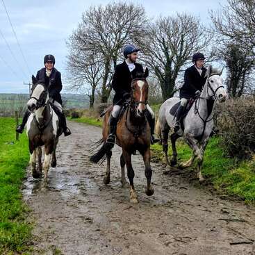 Three people dressed in formal riding attire ride horses down a muddy country lane. Bare winter trees line the road, with green fields and cloudy skies behind.
