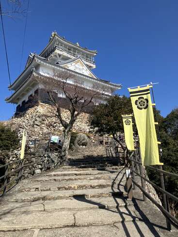 A traditional Japanese castle sits atop a rocky hill, with stone steps leading up, flanked by yellow banners and trees under a clear blue sky.