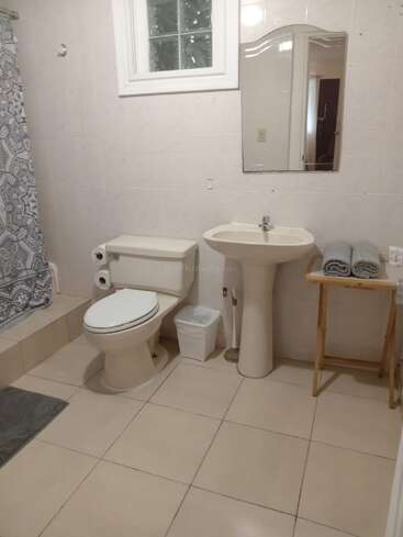 Esse banheiro tem vaso sanitário, pia com pedestal, espelho, toalheiro pequeno com toalhas dobradas, chuveiro com cortina estampada, piso de azulejo, janela e lixeira.