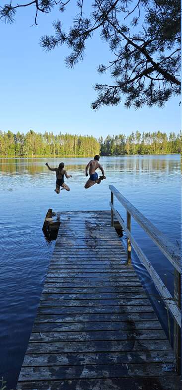 Two people joyfully leap off a wooden dock into a calm lake, surrounded by lush green forest under a clear blue sky with overhanging pine branches.