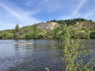 A group of people is rowing on a river, surrounded by lush green trees, rocky cliffs, and a bright blue sky with wispy clouds.