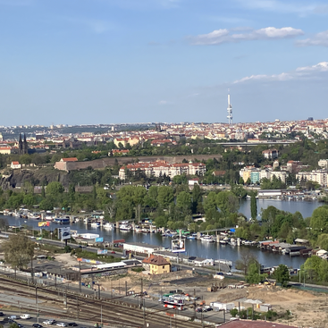 This image shows a vibrant cityscape with a river, numerous boats, lush greenery, rows of colorful buildings, and a prominent tall tower under a blue sky.