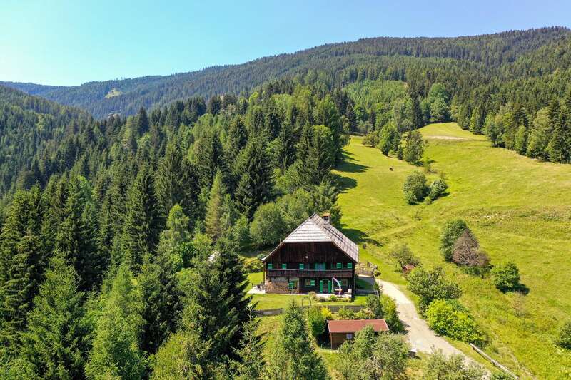 Une maison rustique en bois est nichée au milieu d'arbres verdoyants et de collines ondulantes, entourée de montagnes boisées, sous un ciel bleu clair par une journée ensoleillée.