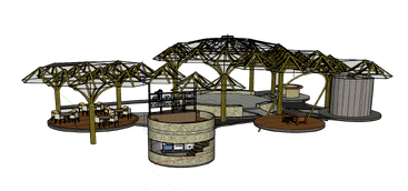 This image shows a conceptual architectural structure with interconnected canopies, various seating areas, circular buildings, wooden columns, modern design elements, and open-air communal spaces throughout.