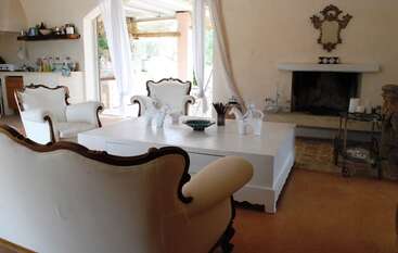 This image shows a cozy living room with vintage white armchairs, a white coffee table, fireplace, decorative items, natural light, and rustic, elegant decor details.