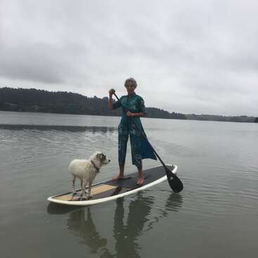 The image depicts a woman standing on a paddleboard with a dog, navigating a serene body of water under an overcast sky, surrounded by a picturesque landscape.